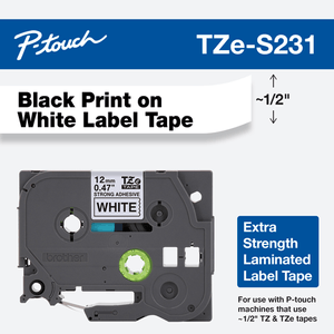 BROTHER TZE-S231 Cinta negro sobre blanco adhesivo industrial de 12 mm x 8m